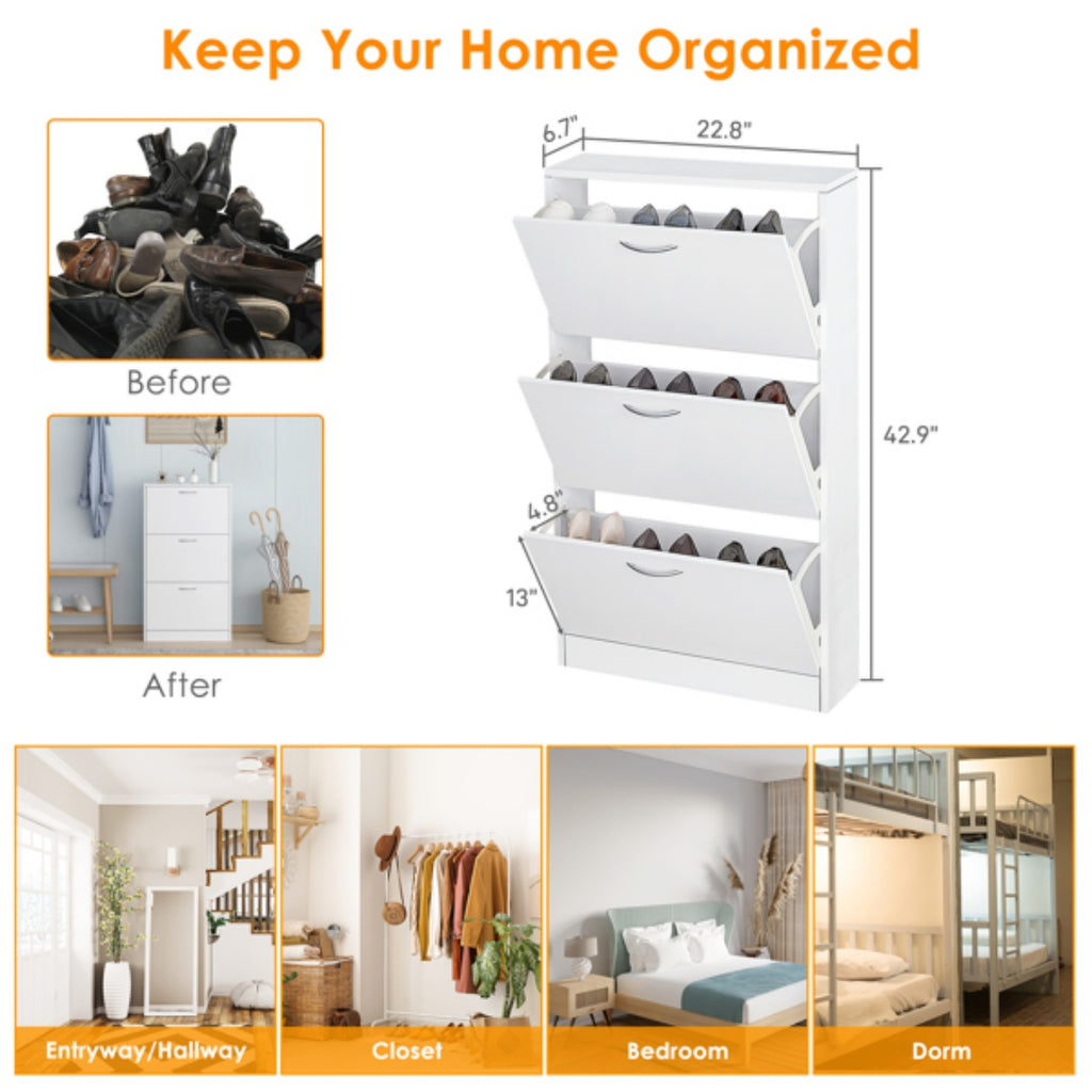 Shoe Cabinet for Entryway, Narrow 3-Drawer Flip-Down Storage, White – image 3