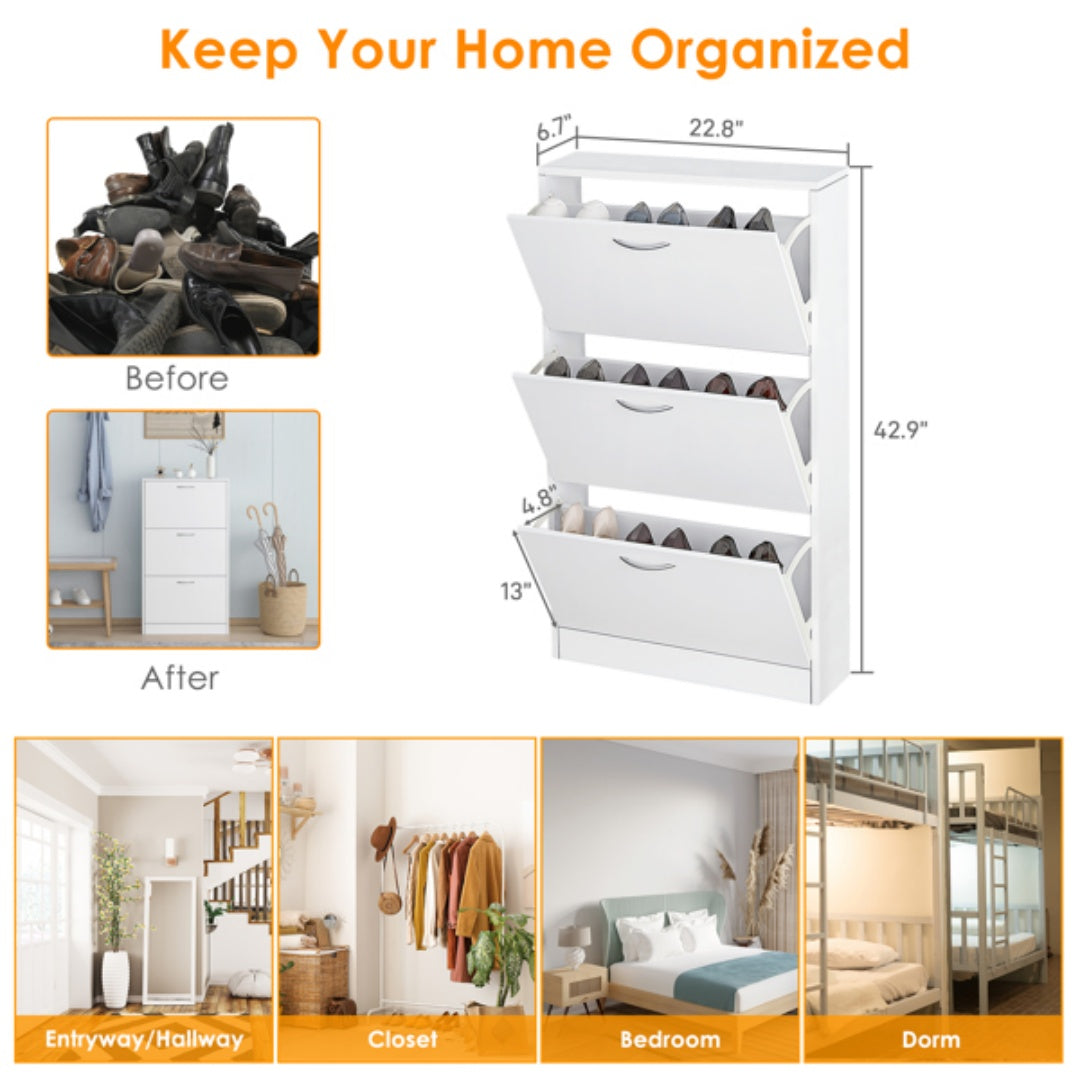 Shoe Cabinet for Entryway, Narrow 3-Drawer Flip-Down Storage, White – image 3