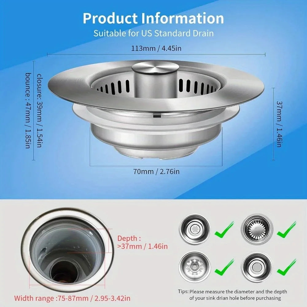 3-in-1 Stainless Steel Sink Strainer – Pop-Up Drain Stopper – image 3