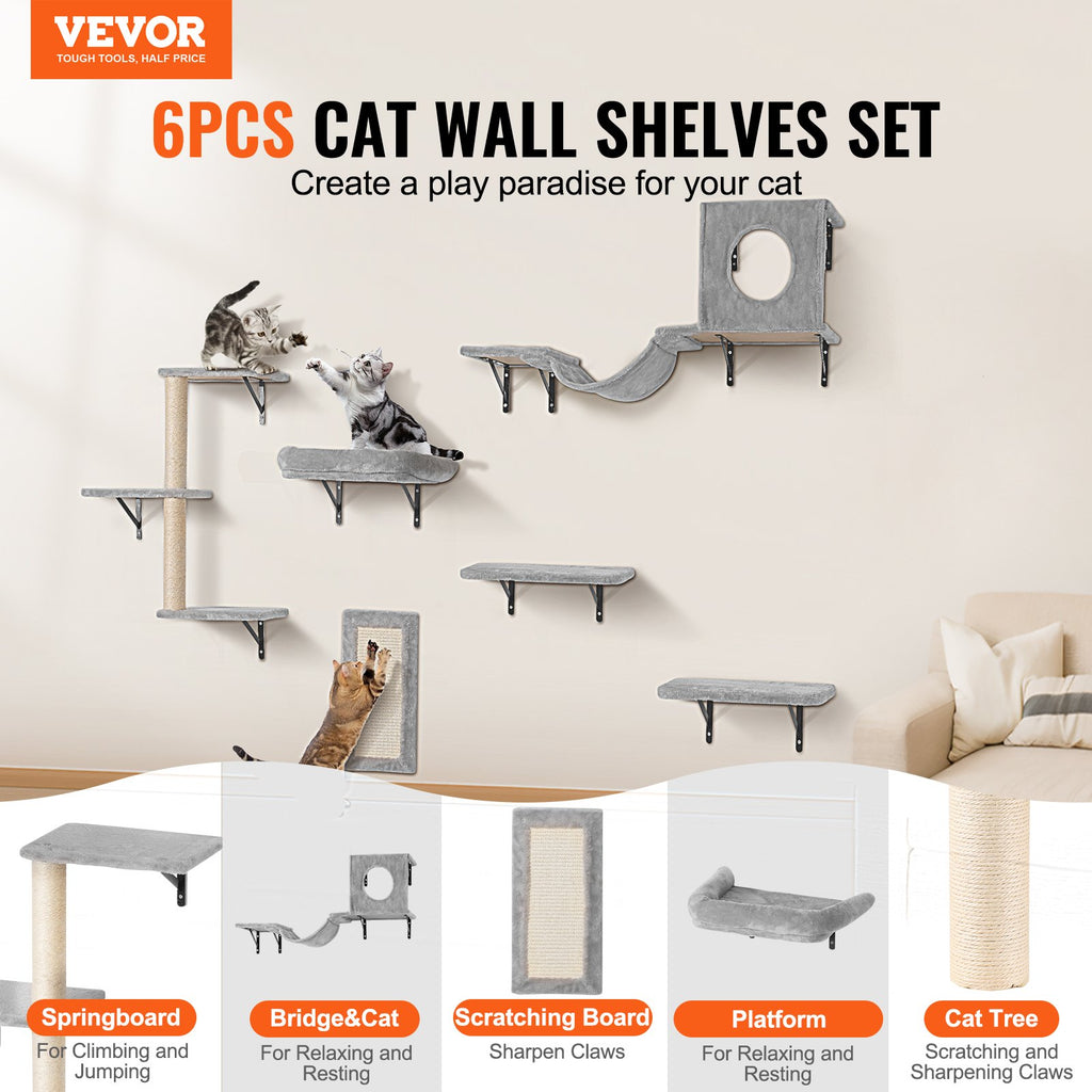 Wall Mounted Cat Shelf Set of 6 with Hammock and Sofa