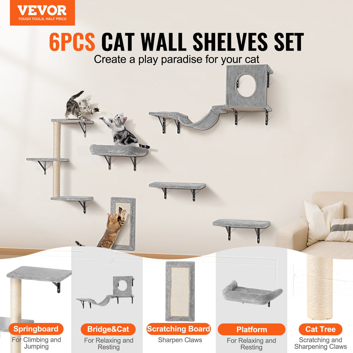 Wall Mounted Cat Shelf Set of 6 with Hammock and Sofa