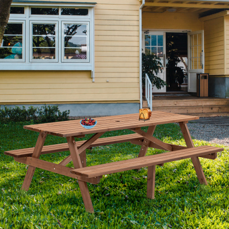 Wooden Picnic Table 75 in with 2 Built-In Benches, Umbrella Hole – image 9