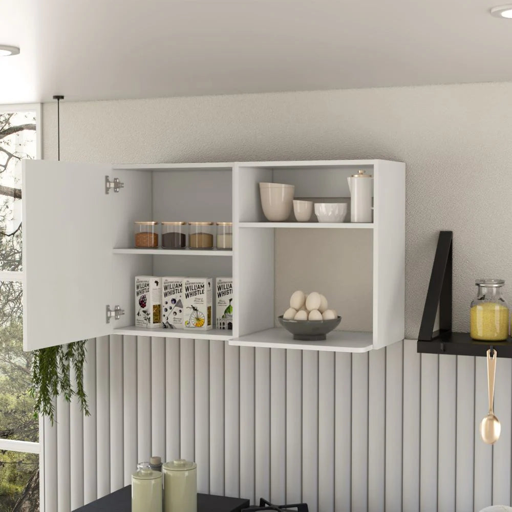 Kitchen Wall Cabinet with 2 Doors and Open Shelves, White Finish – image 2