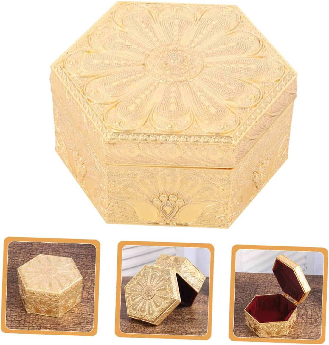 Hexagon Jewelry Box – Vintage Gold Zinc Alloy Trinket Case – image 5