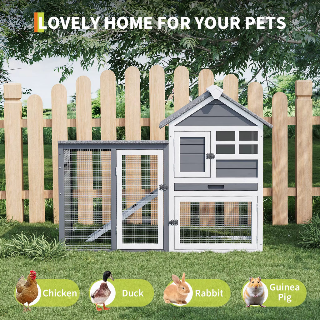 2-Story Wooden Rabbit Hutch and Small Chicken Coop with Ramp, Gray