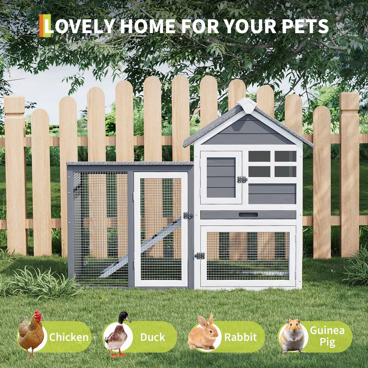 2-Story Wooden Rabbit Hutch and Small Chicken Coop with Ramp, Gray