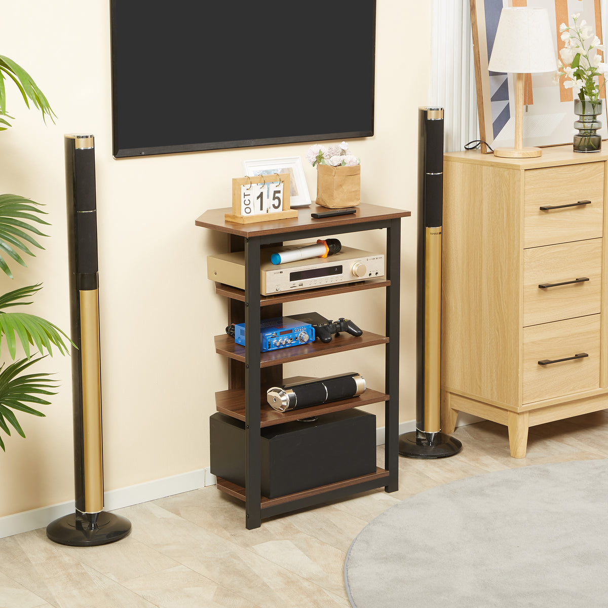 4-Tier Corner AV Media Rack with Cable Management, Chestnut Brown – image 7