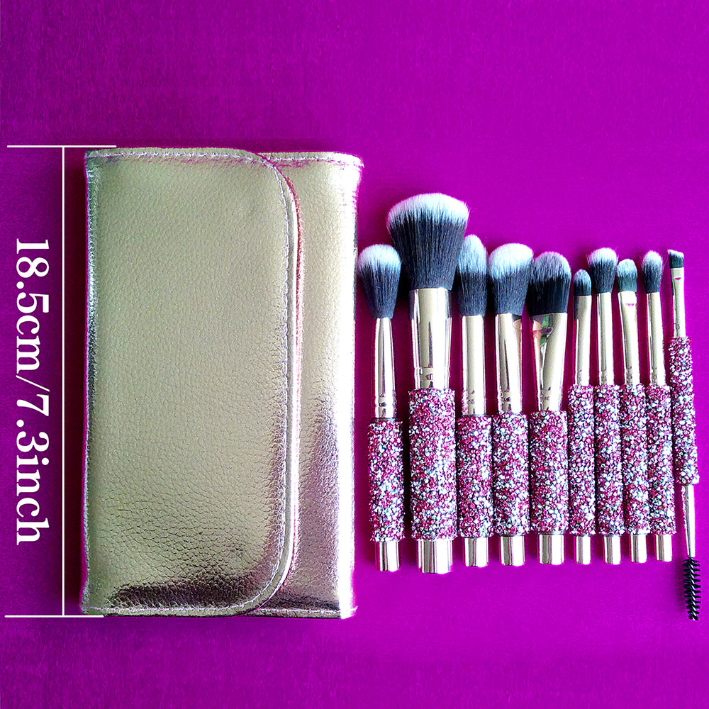 Makeup Brush Set 10-Piece with Rhinestone Handles and Storage Bag – image 9