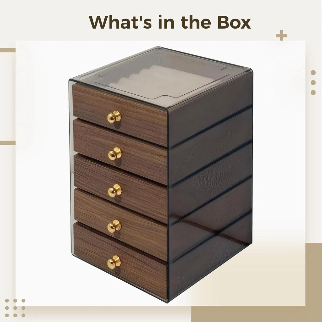 5-Tier Acrylic Jewelry Organizer Box, Walnut Grain with Velvet Lining – image 4