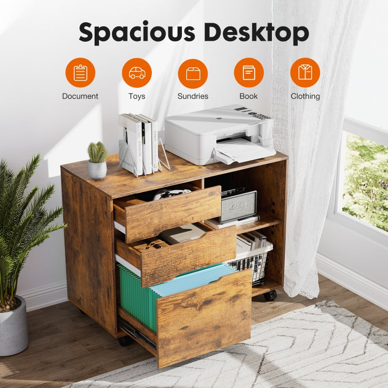 3-Drawer Rolling Lateral File Cabinet with Open Shelves and Printer Top