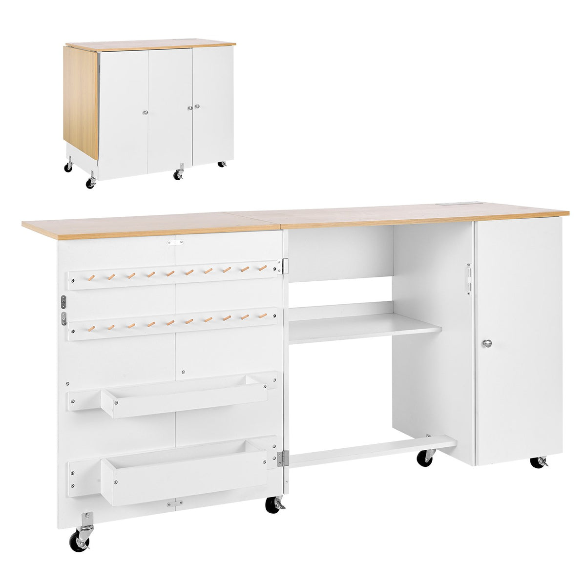 Folding Sewing Table with Cabinet, Spool Pegs, Bins and Locking Wheels