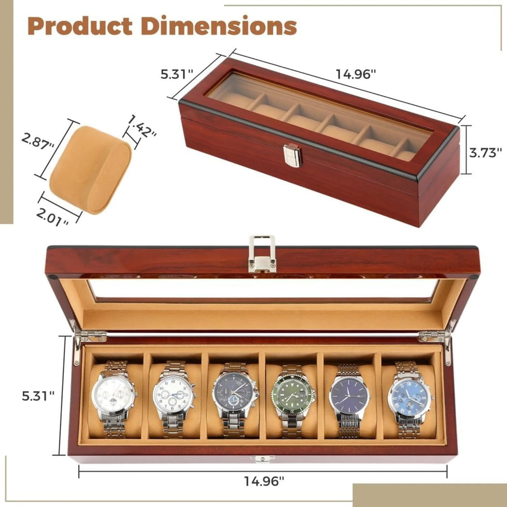 Wooden Watch Box 6-Slot, Glass Top Display Case Organizer – image 3