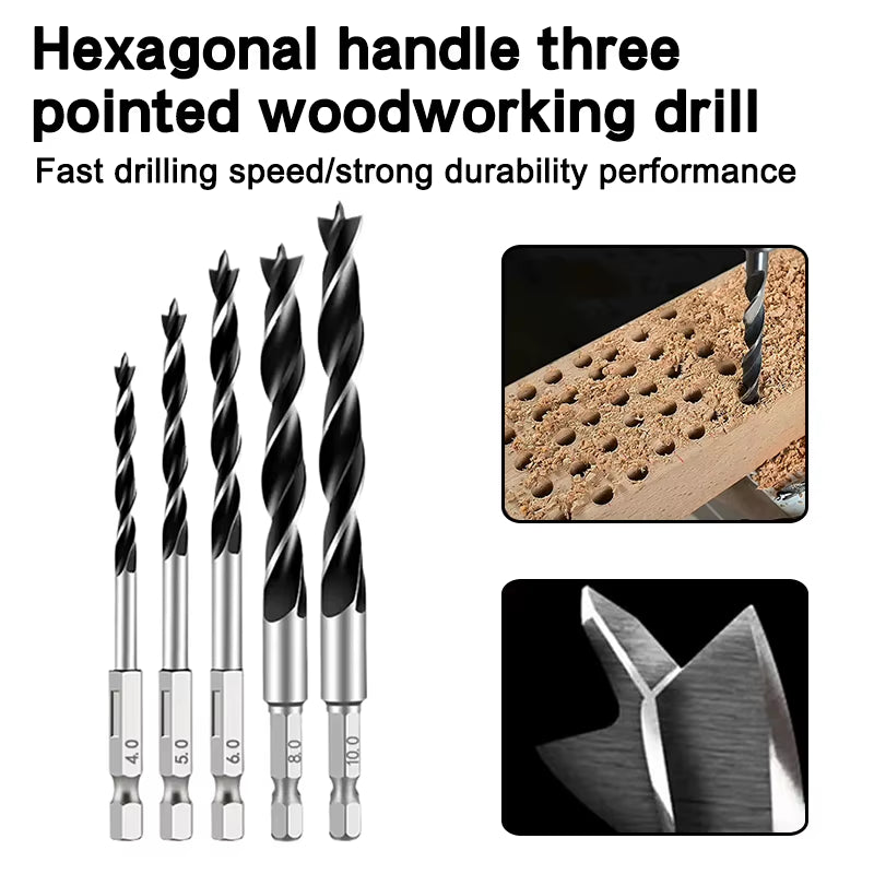 Brad Point Drill Bit Set 5-Piece 4-10mm Hex Shank for Wood