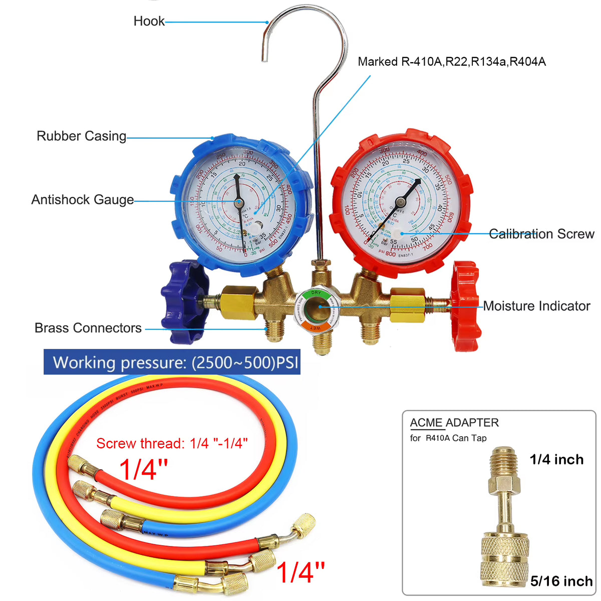 HVAC Refrigerant Manifold Gauge Set, R410A R22 R134A
