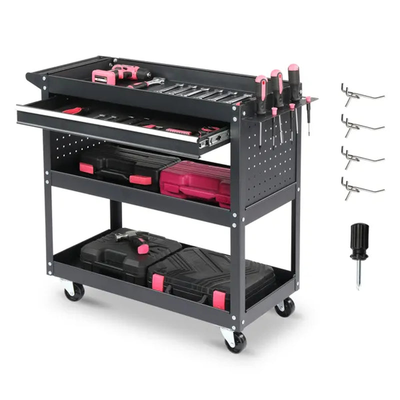 Welding Shop 3-Tier Rolling Tool Cart with Pegboard & Drawer