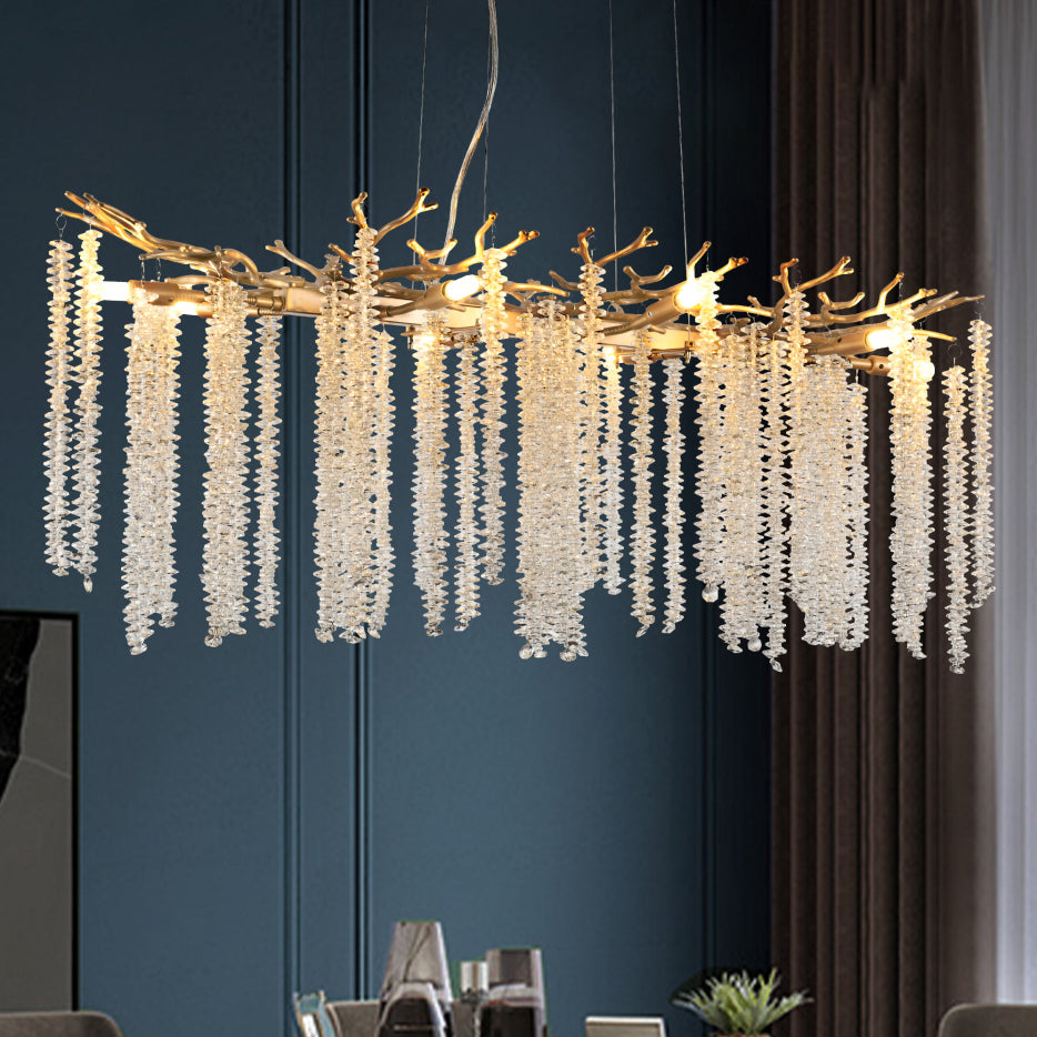 39 Inch Gold Crystal Chandelier with Cascading Strands, 8-Light