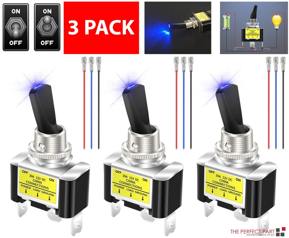 LED Rocker Switch, 12V 30A Toggle On/Off, 3-Pack, Blue – image 6