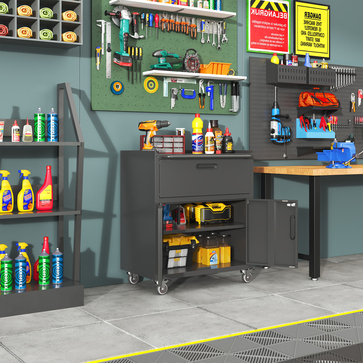 Mobile Metal Garage Cabinet with Drawer and 2 Locking Doors – image 4