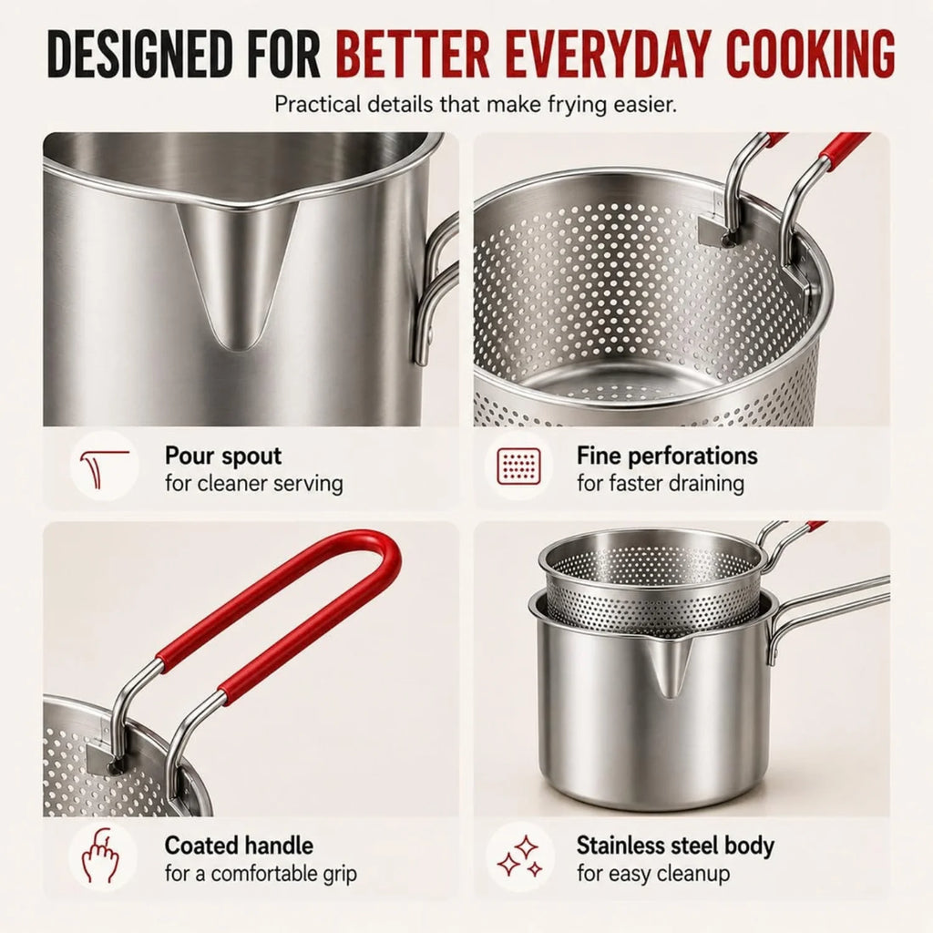 Fryer Pot with Draining Basket and Tongs, Stainless Steel – image 5