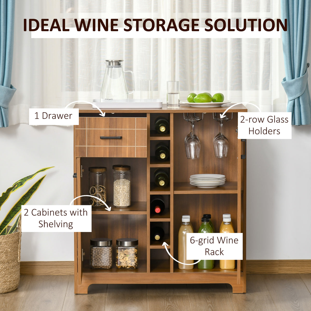 Wine Cabinet Sideboard with 6-Bottle Rack and Glass Holders, Brown – image 4