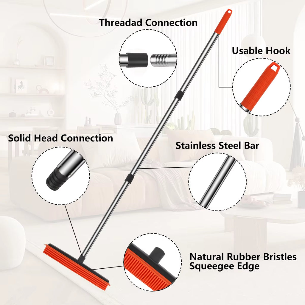 Silicone Rubber Push Broom - Pet Hair Removal Broom for Carpet, Tile & Windows