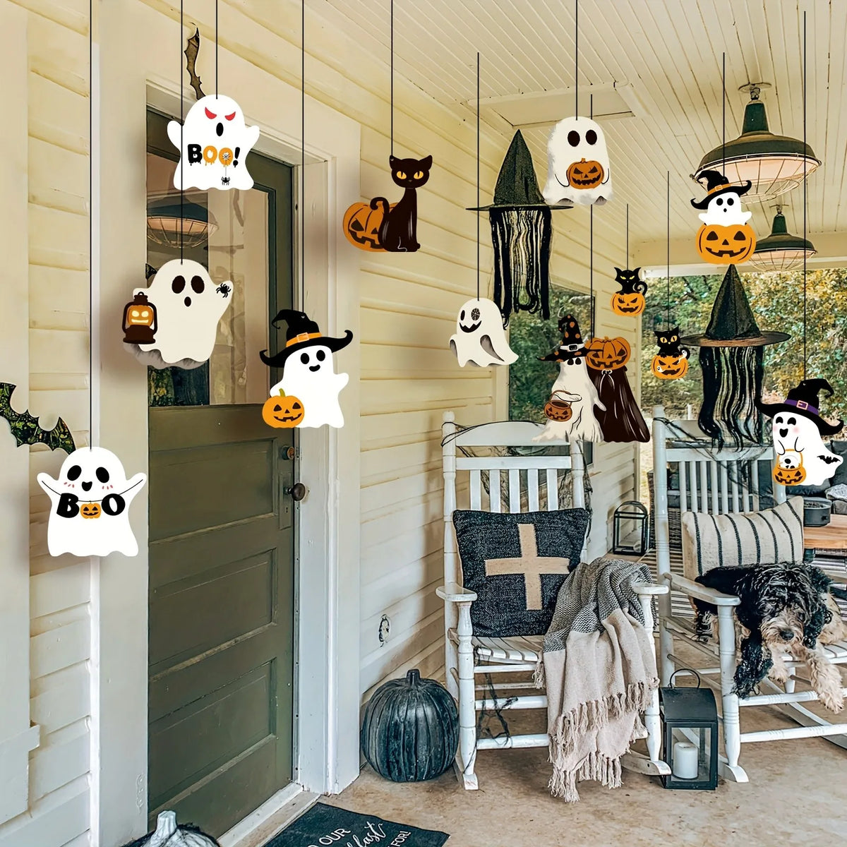 Halloween Hanging Ornaments 12 Pcs – Ghost, Cat, Pumpkin, Witch Hat