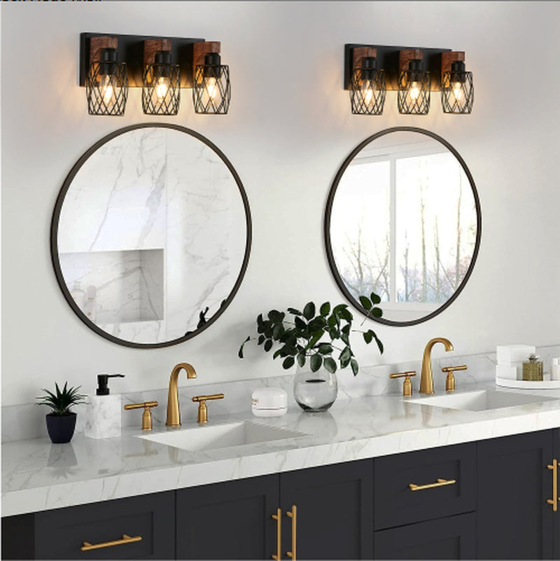 Industrial 3-Light Cage Wall Sconce with Wood Accents 18 Inch