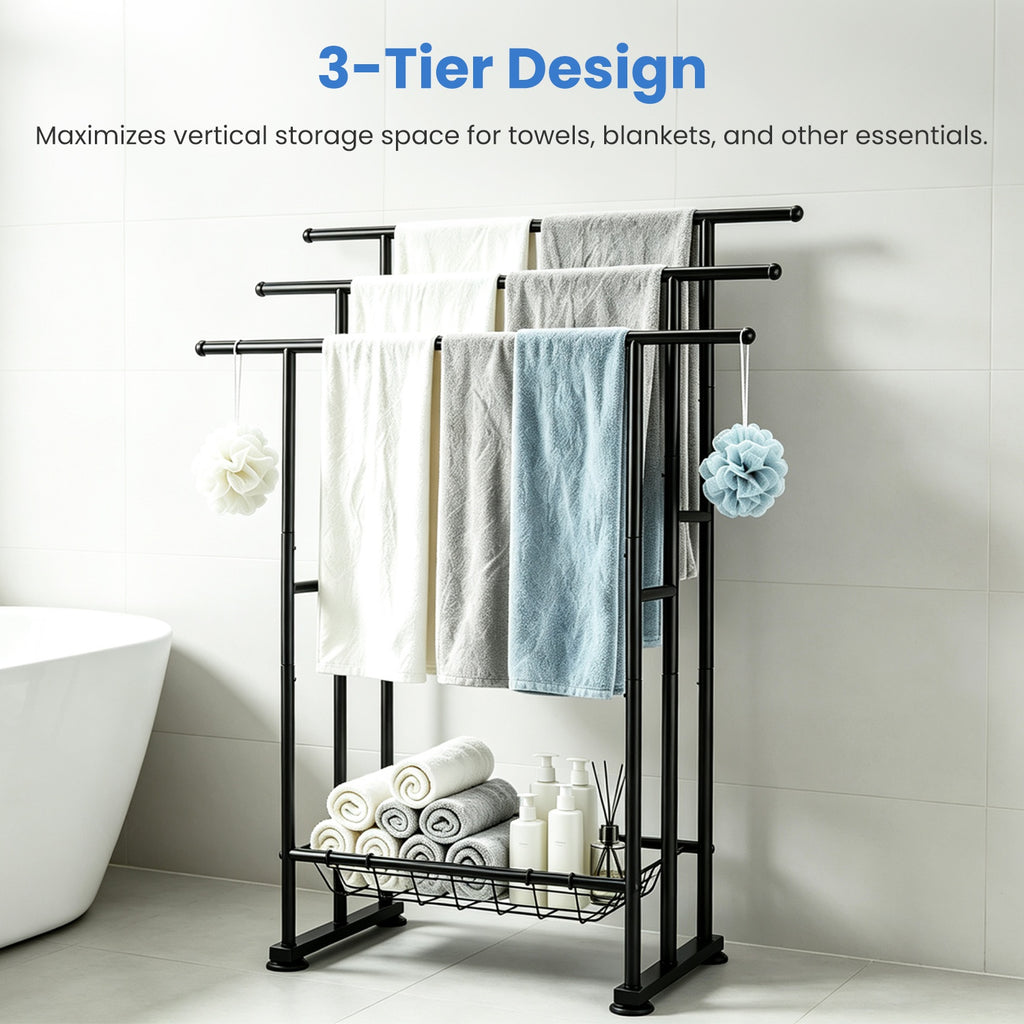 3-Tier Freestanding Towel Rack with Storage Basket, Black – image 9