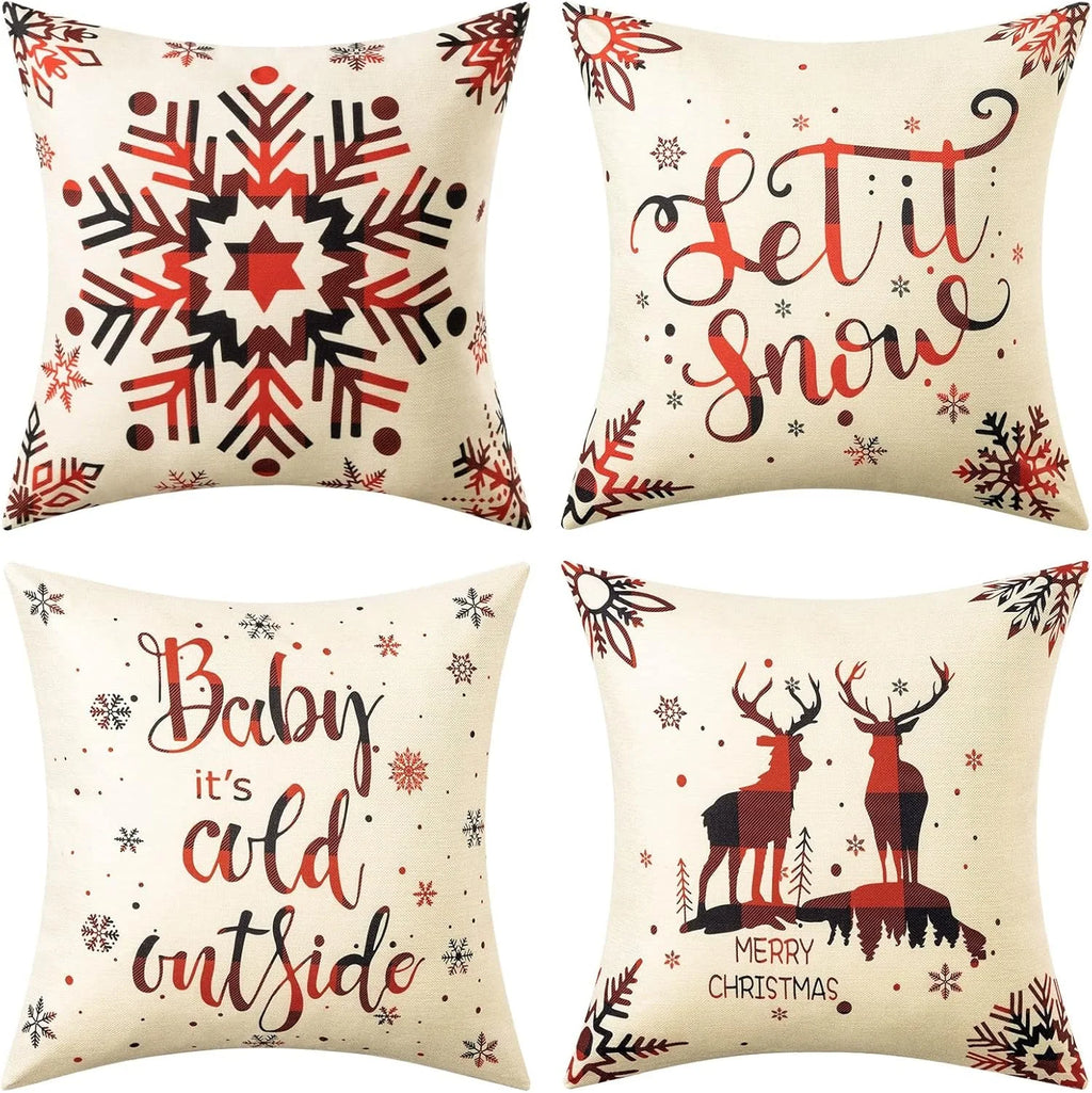 Christmas Pillow Covers - 4-Pack 18 x 18 in Linen-Look Covers