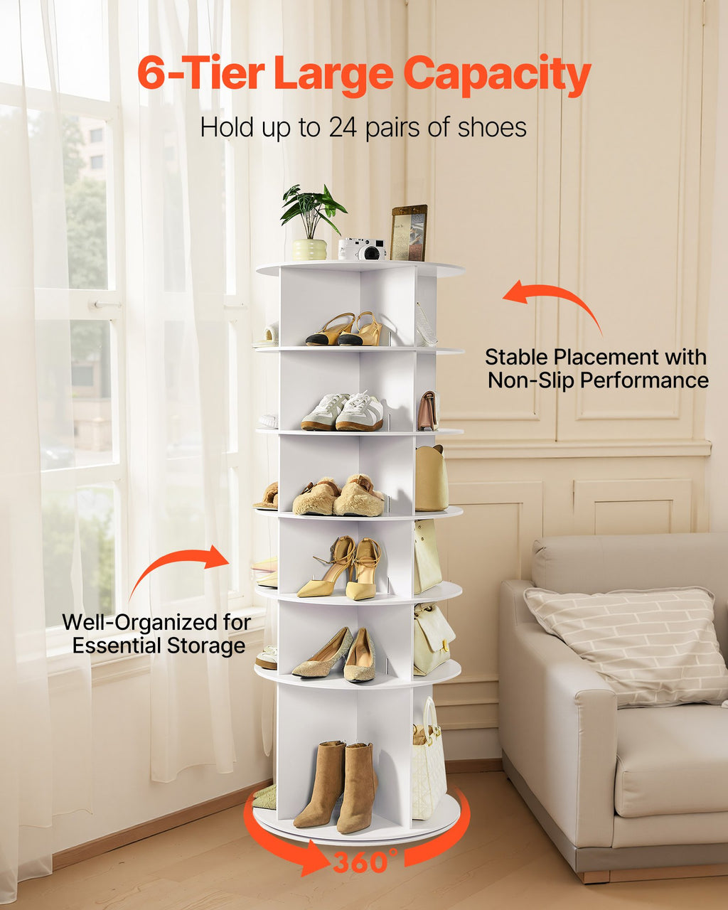 Rotating Shoe Rack Tower, 6-Tier 360° Spinning, 24 Pairs, White – image 4