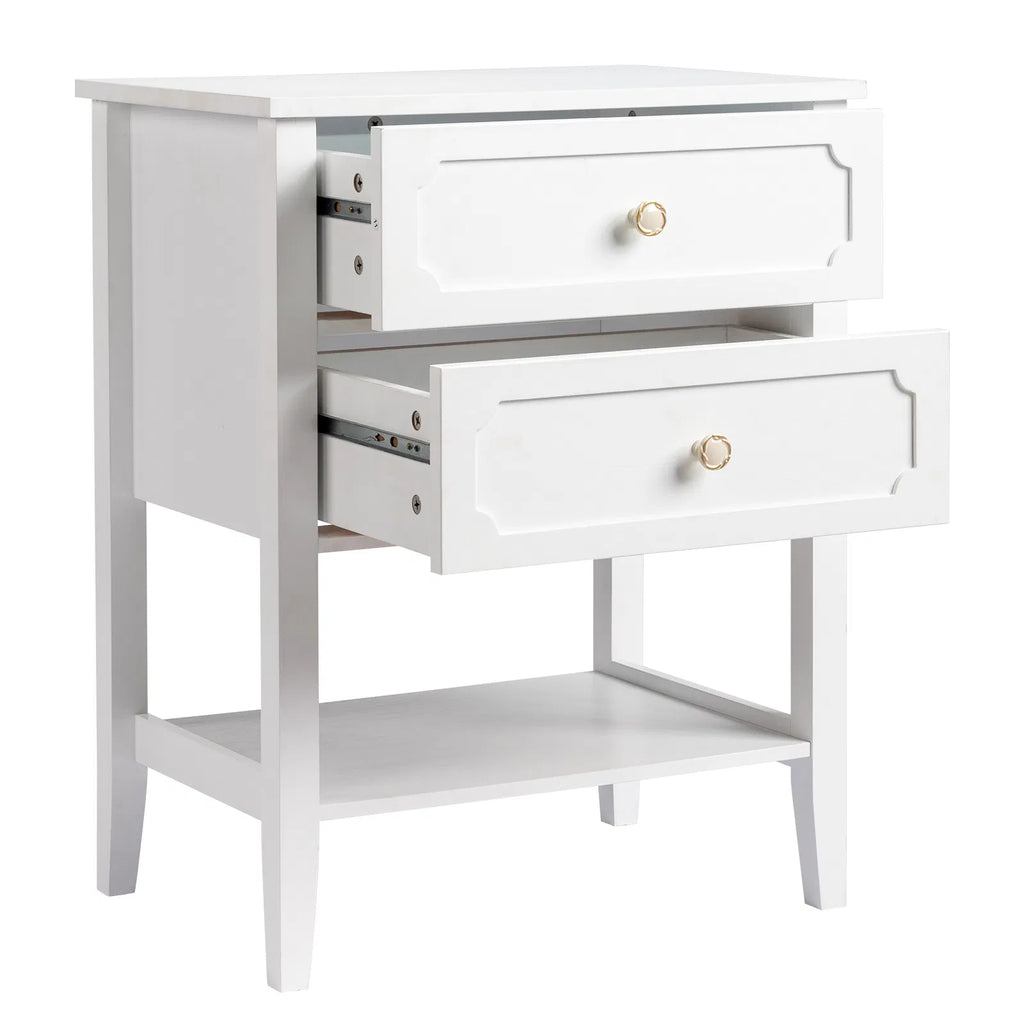Solid Pine Wood Nightstand with 2 Drawers and Shelf, White – image 4