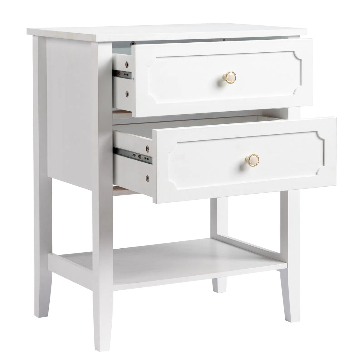 Solid Pine Wood Nightstand with 2 Drawers and Shelf, White – image 4