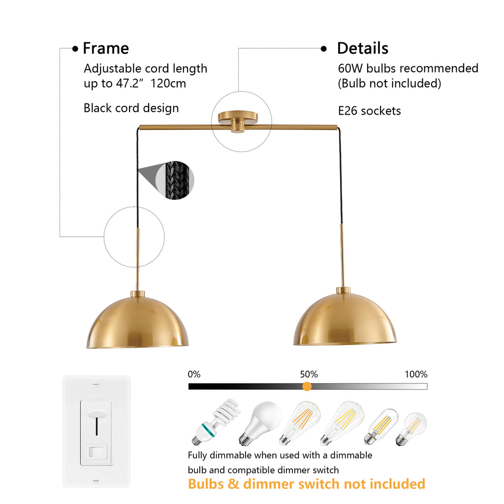 41 Inch Copper Double Pendant Light, Adjustable Kitchen Island Fixture