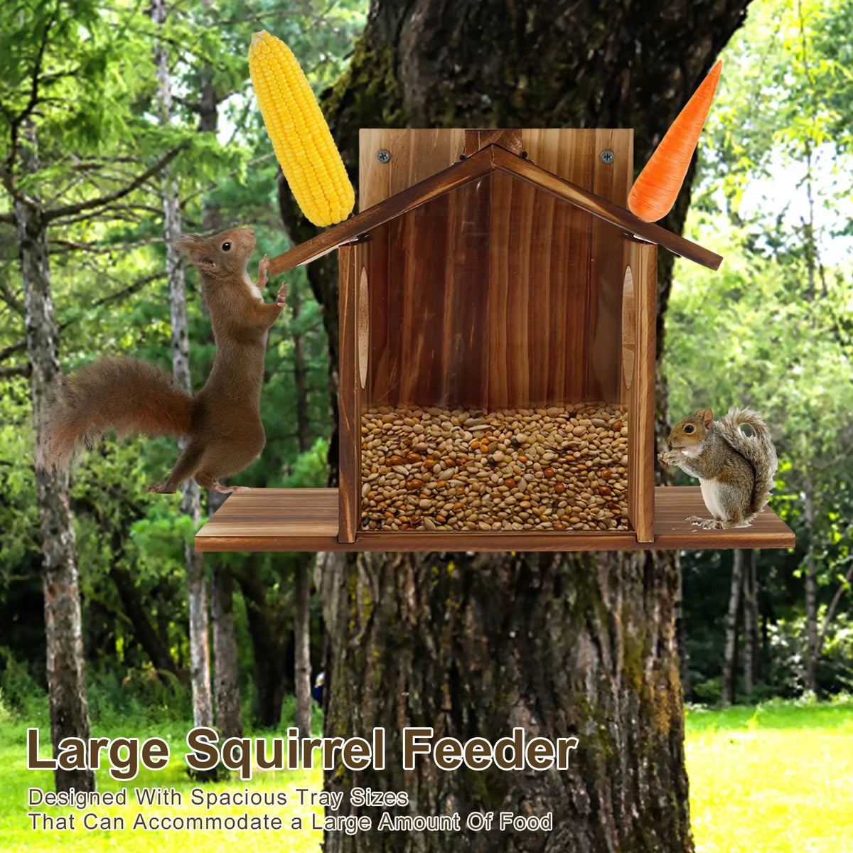 Wooden Squirrel Feeder House with Roof, Large Capacity Feeding Station – image 3