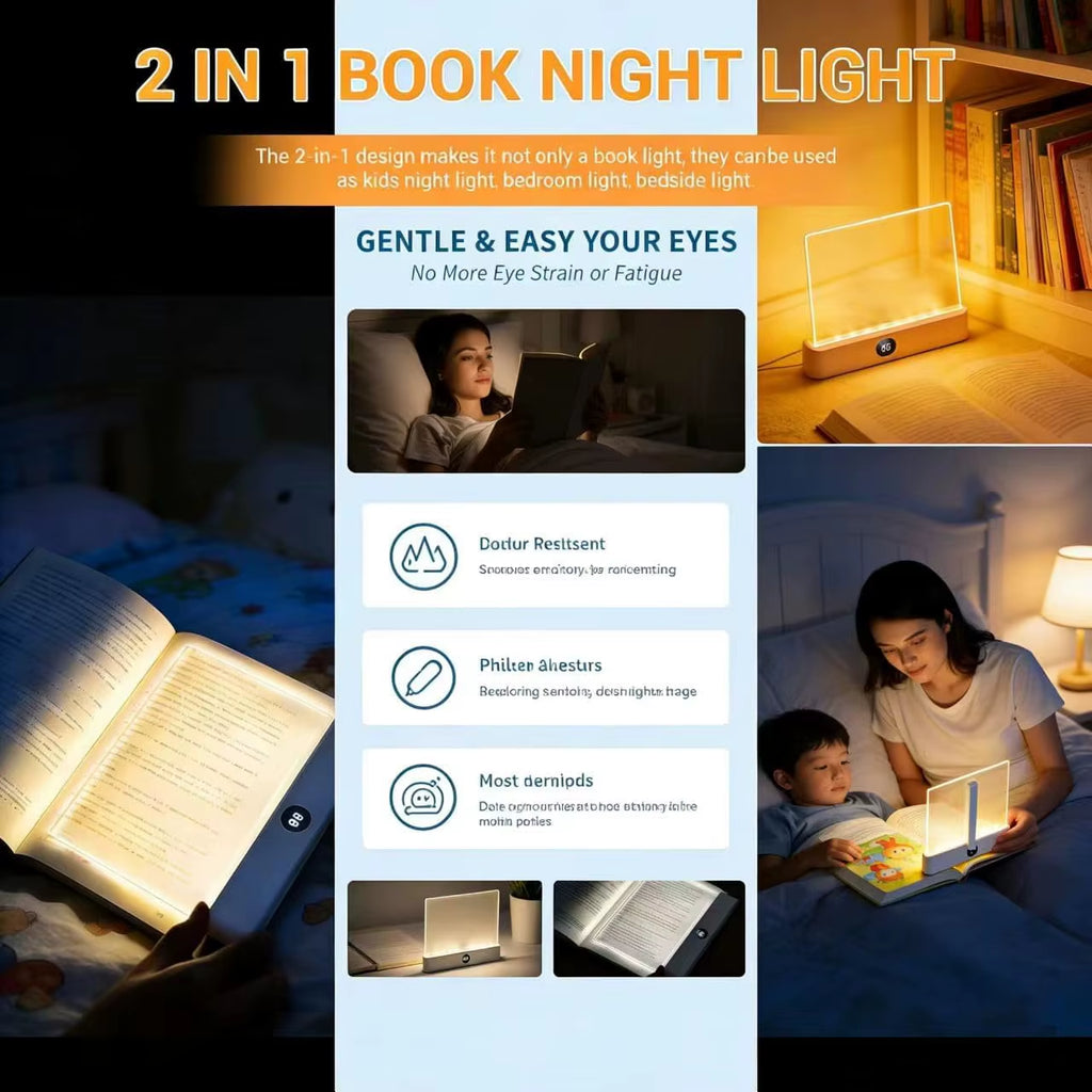 LED Book Reading Light - Clip-Free Flat Panel Eye-Care Night Reading Lamp