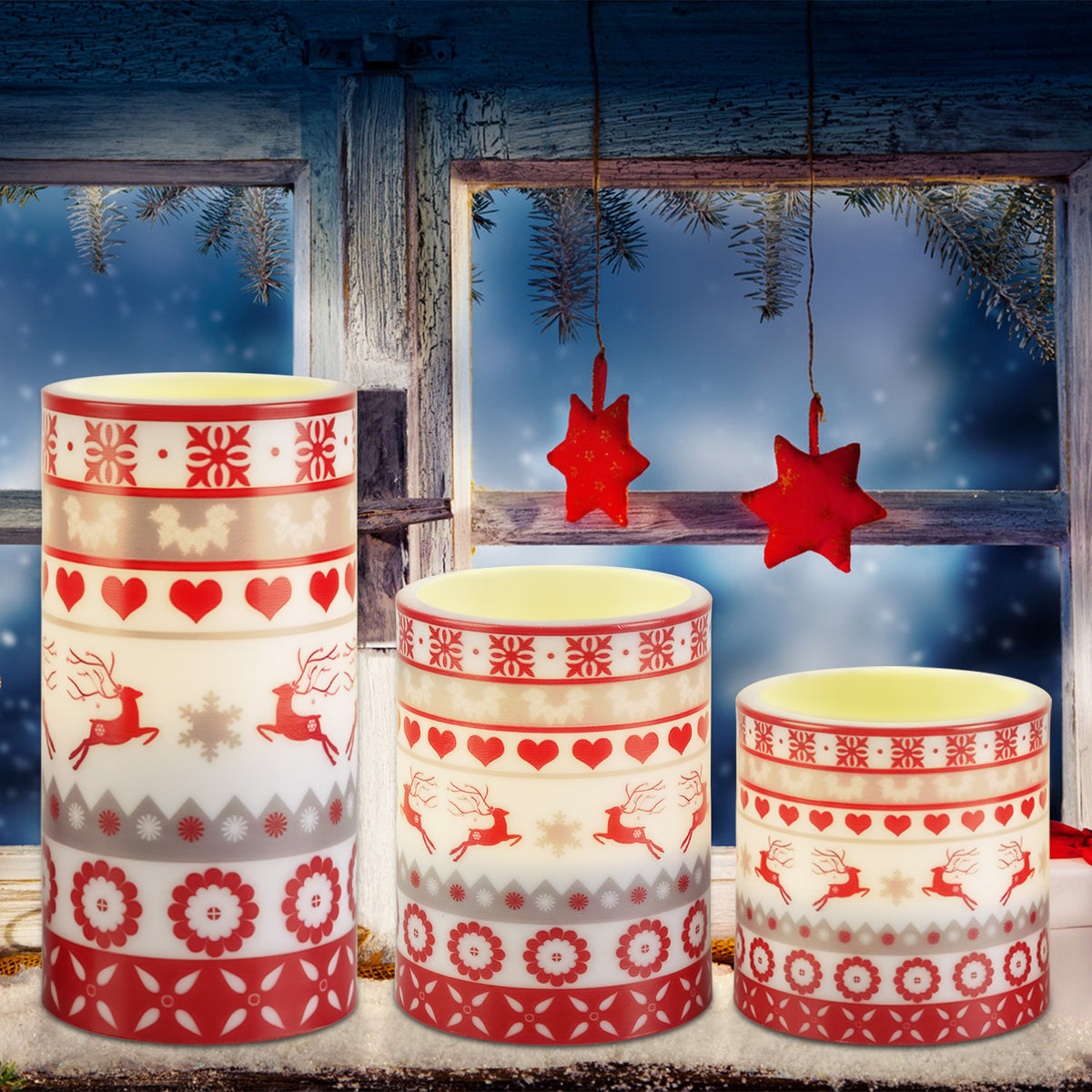 Christmas Flameless LED Pillar Candles with Remote, Set of 3