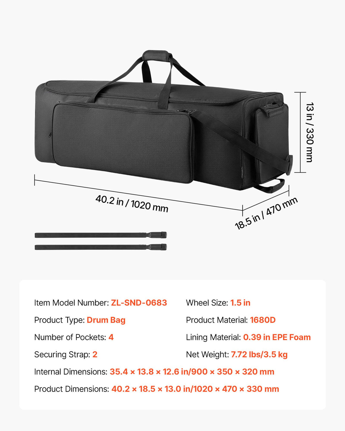Rolling Drum Hardware Bag with Wheels, 1680D Padded Carry Case – image 1
