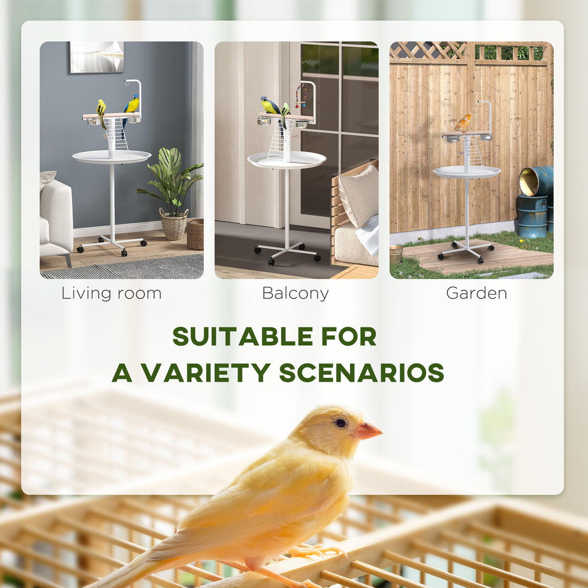 Rolling Parrot Play Stand with Perches, Feed Bowls and Tray – image 4