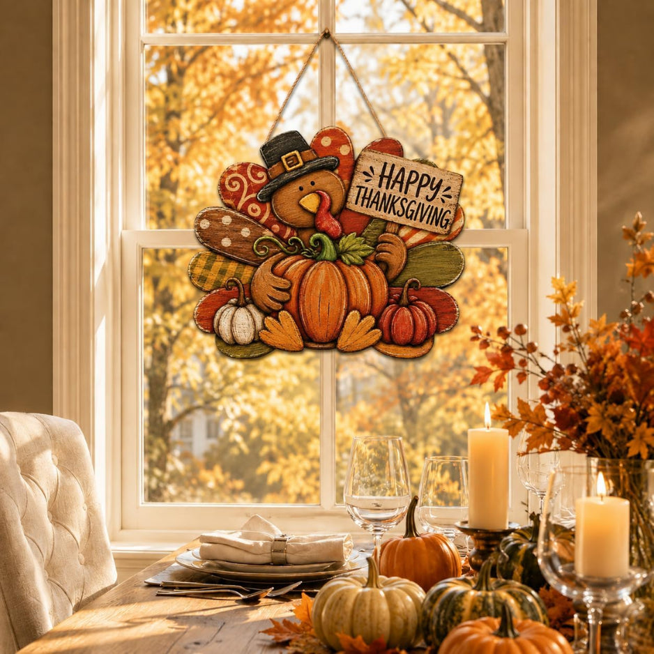 Happy Thanksgiving Door Sign, Wooden Turkey and Pumpkin Decor – image 2