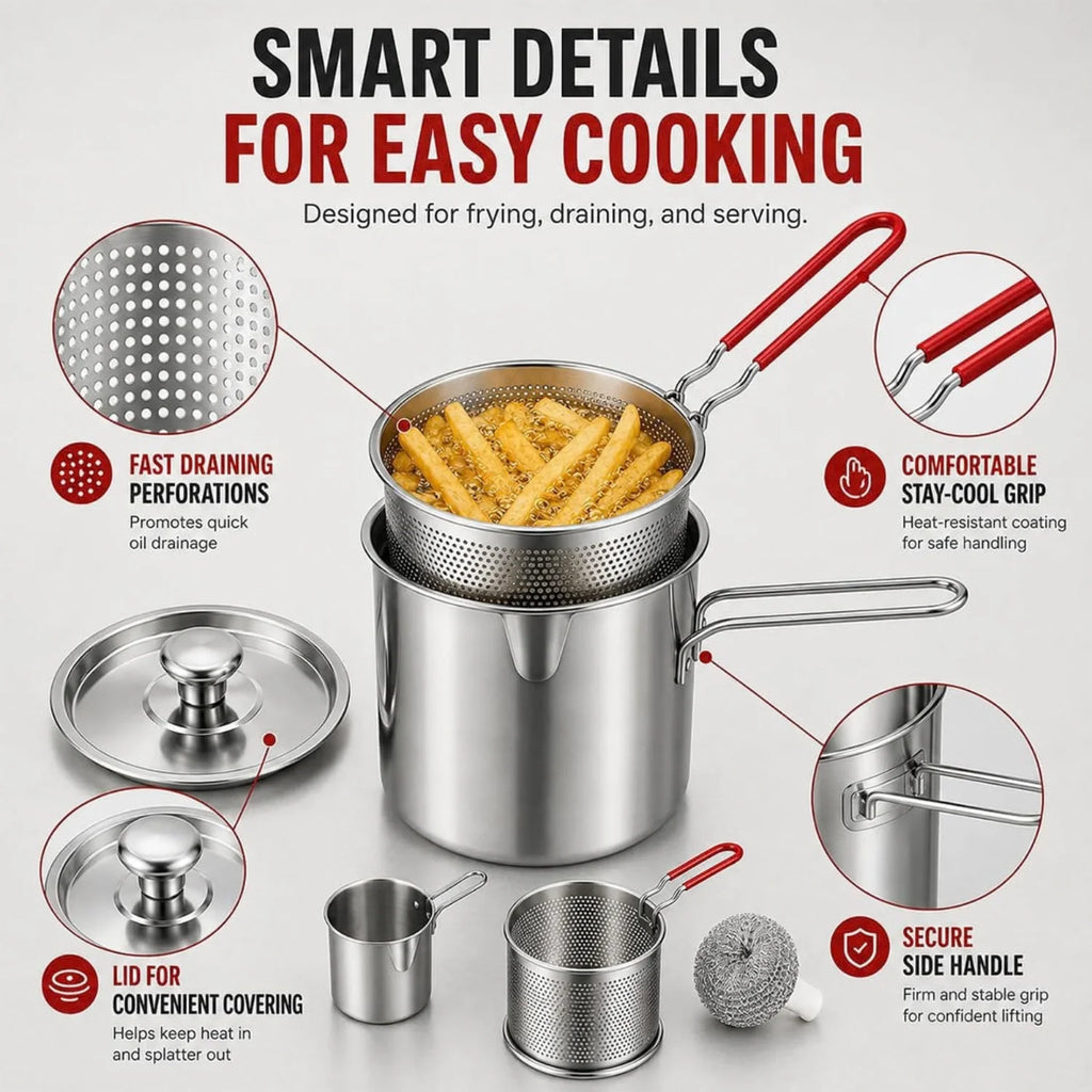 Fryer Pot with Draining Basket and Tongs, Stainless Steel – image 6