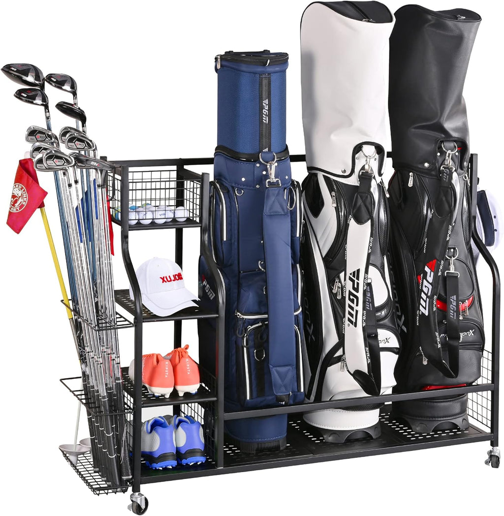 Rolling Golf Bag Storage Rack For 3 Bags With Club Holder – image 1