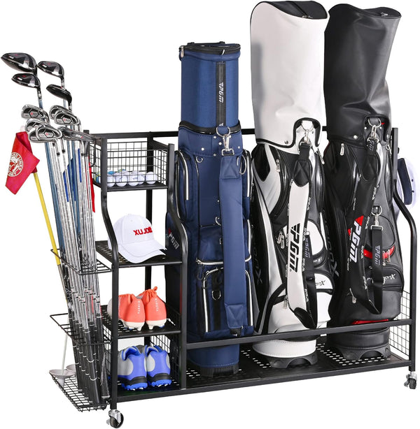 Rolling Golf Bag Storage Rack for 3 Bags with Club Holder