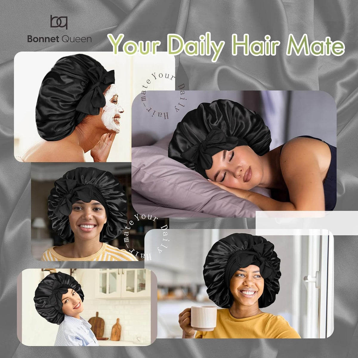 Satin Hair Bonnet with Bow Tie Wide Elastic Band Sleep Cap – image 10