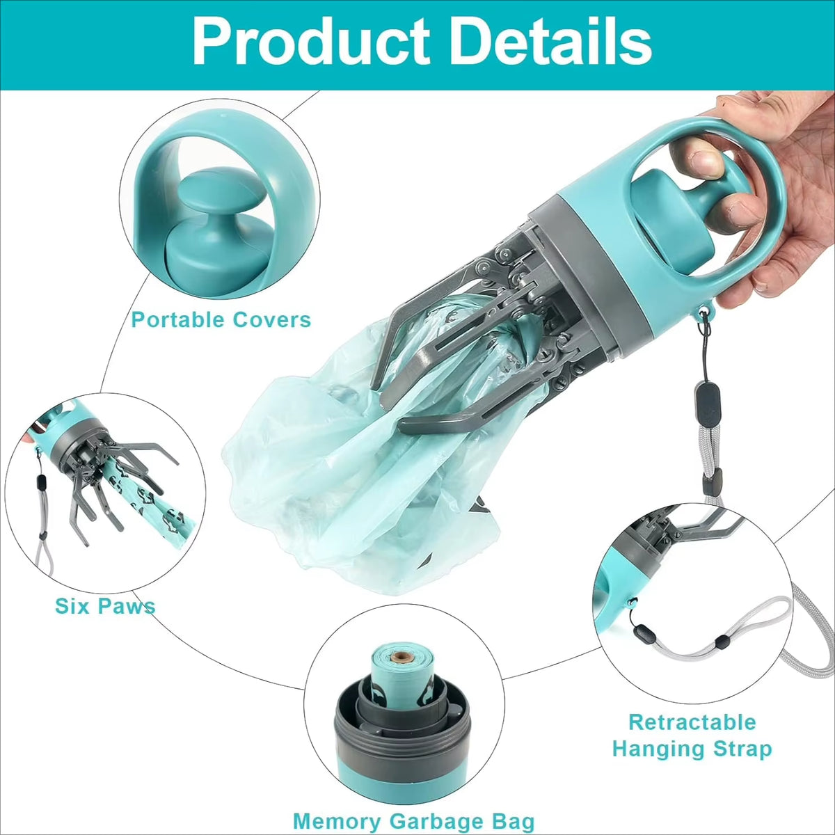 Dog Poop Scooper with LED Light - Claw Waste Picker with Bag Dispenser & Leash Clip