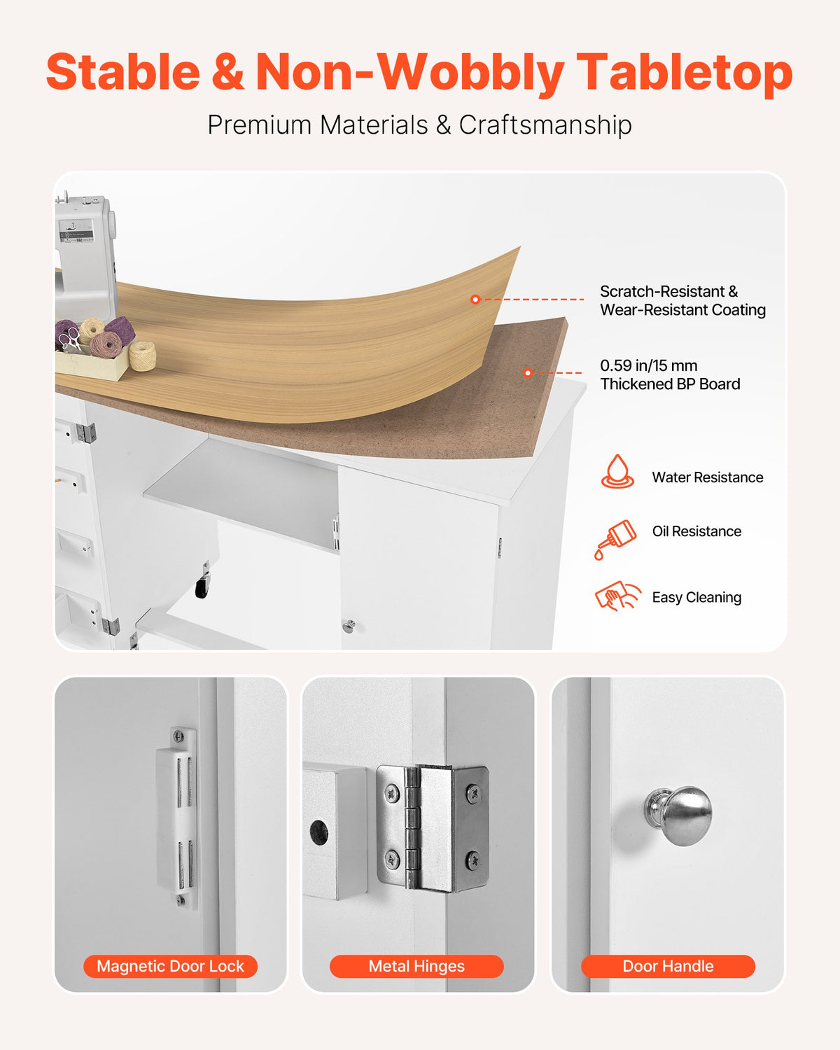 Folding Sewing Table with Cabinet, Spool Pegs, Bins and Locking Wheels – image 5