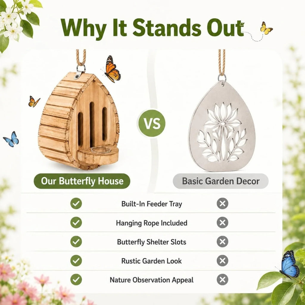 Butterfly House - Hanging Wooden Butterfly Shelter with Feeder – image 2