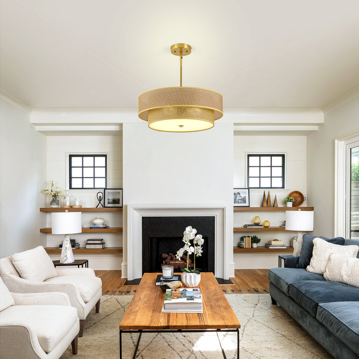 17.7 Inch Rattan & Linen Semi Flush Mount Ceiling Light, Boho Drum