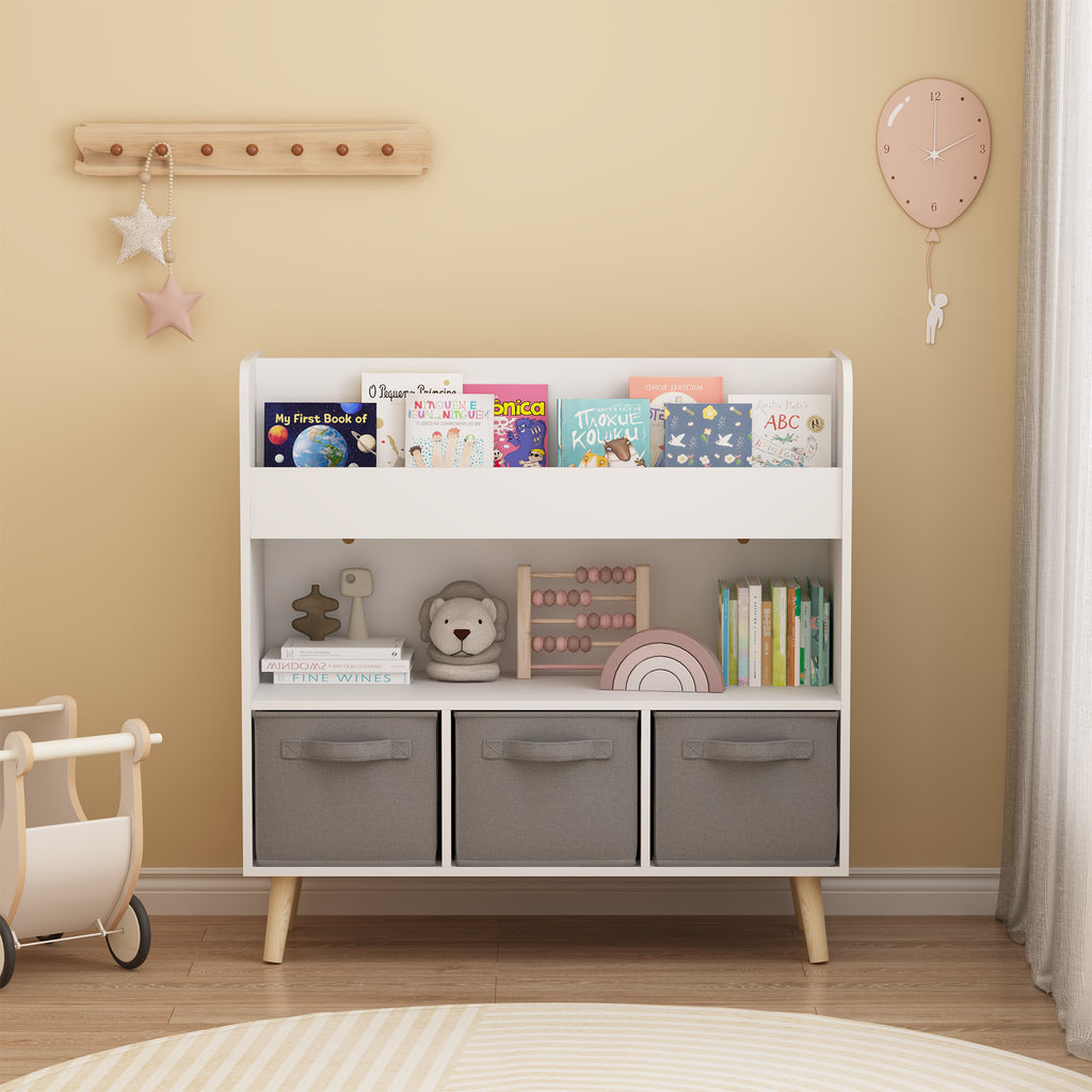 Nursery Bookcase with 3 Fabric Storage Bins, White and Gray – image 3