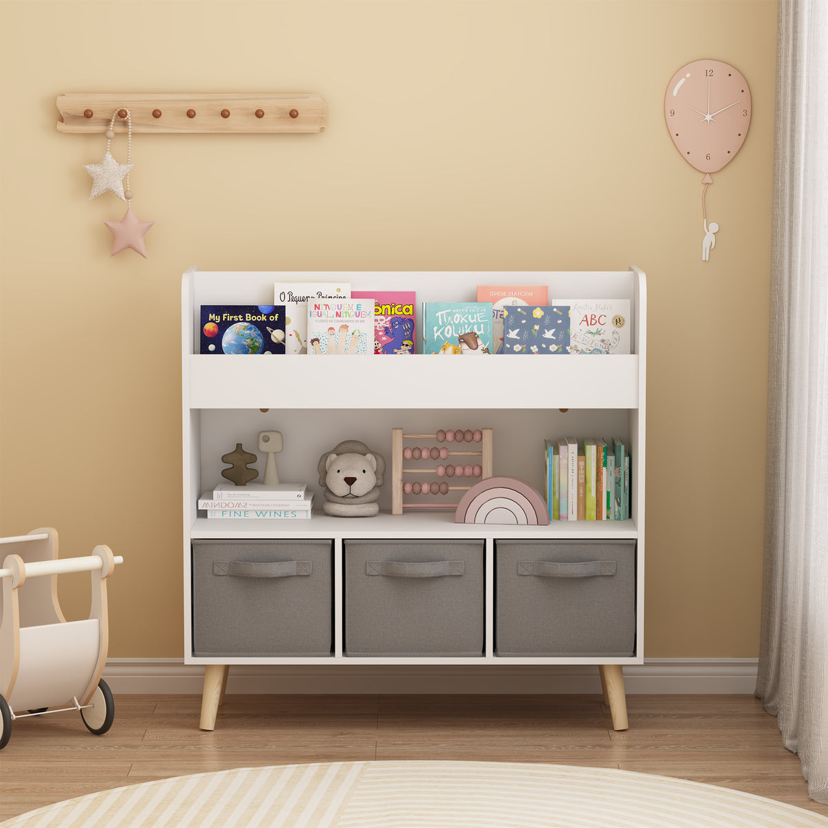 Nursery Bookcase with 3 Fabric Storage Bins, White and Gray – image 3