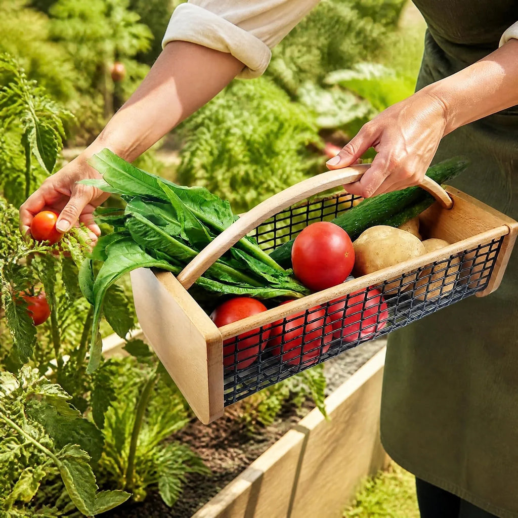 Garden Hod Harvest Basket - Wooden Vegetable Basket with Metal Mesh – image 6